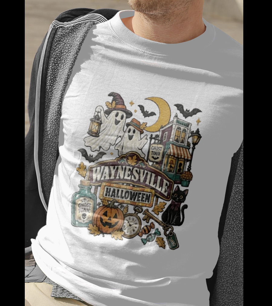 Waynesville Halloween Ghost Tour Ohio Cartoon Pumpkin Black Cat Crescent Moon Ghost Tonic Key T-Shirt