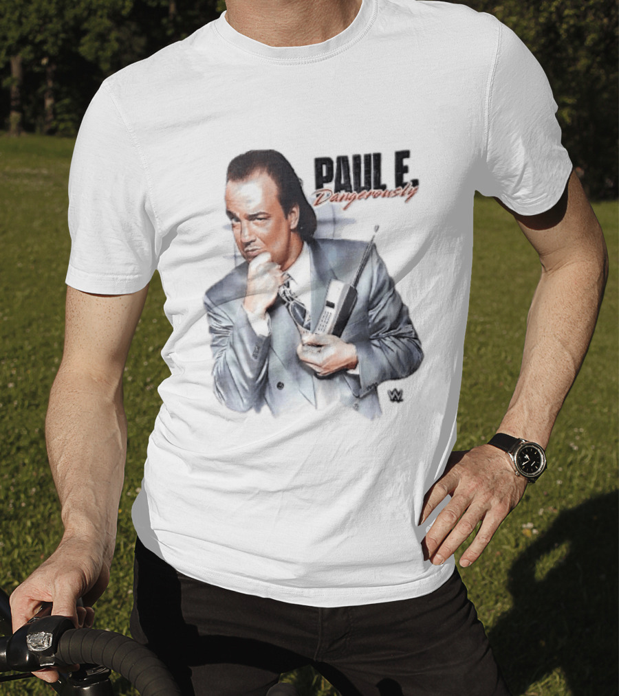 PAUL E Dangerously Manager Holding Brick Cell Phone WWE T-Shirt