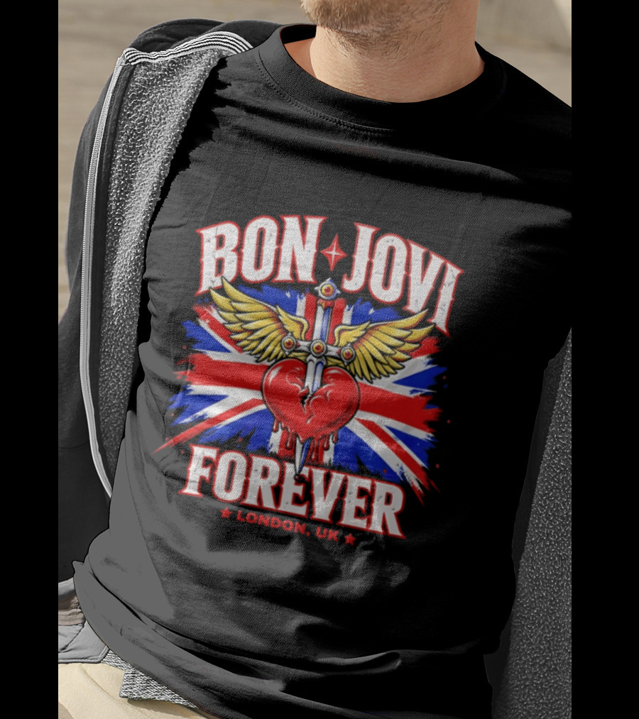 Bon Jovi Forever London UK Tour Union Jack Heart And Dagger Wings T-Shirt