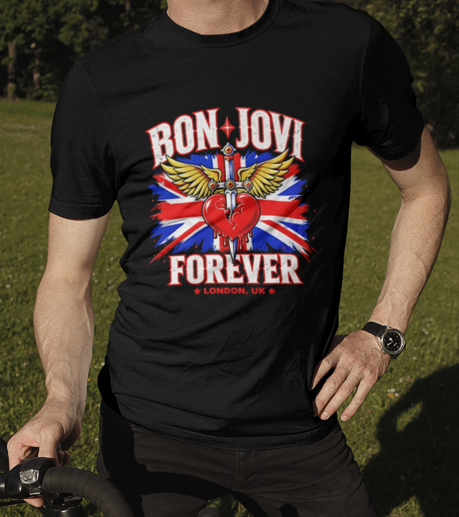 Bon Jovi Forever London UK Tour Union Jack Heart And Dagger Wings T-Shirt