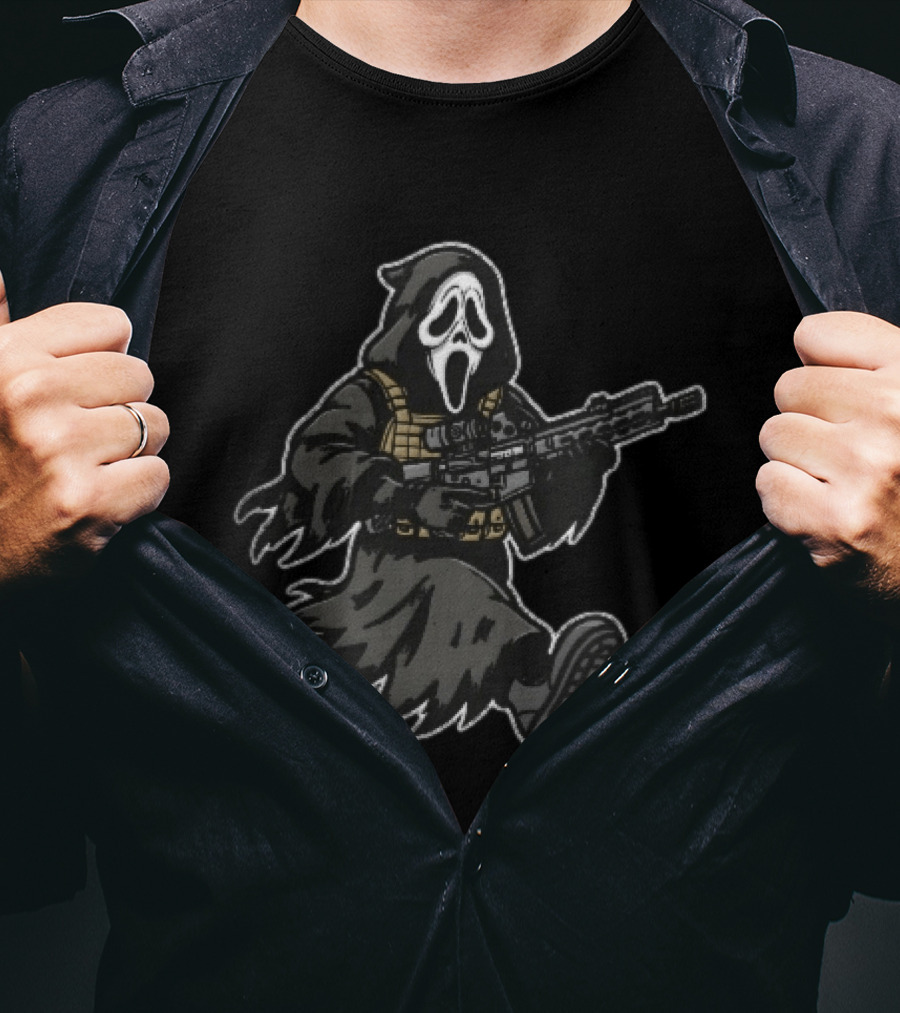 Cartoon Hooded Tactical Ghost Mask Running Assault Rifle T-Shirt