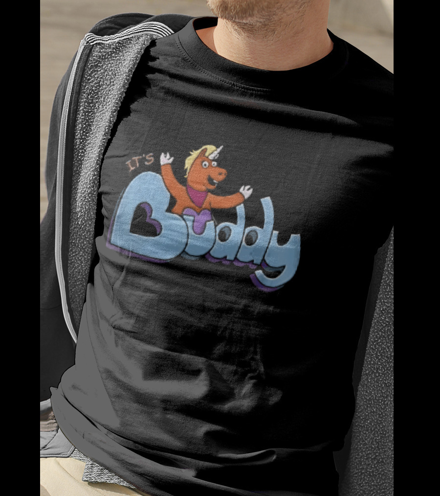 Its Buddy Cartoon Orange Unicorn Horse Purple Scarf Raised Arms T-Shirt