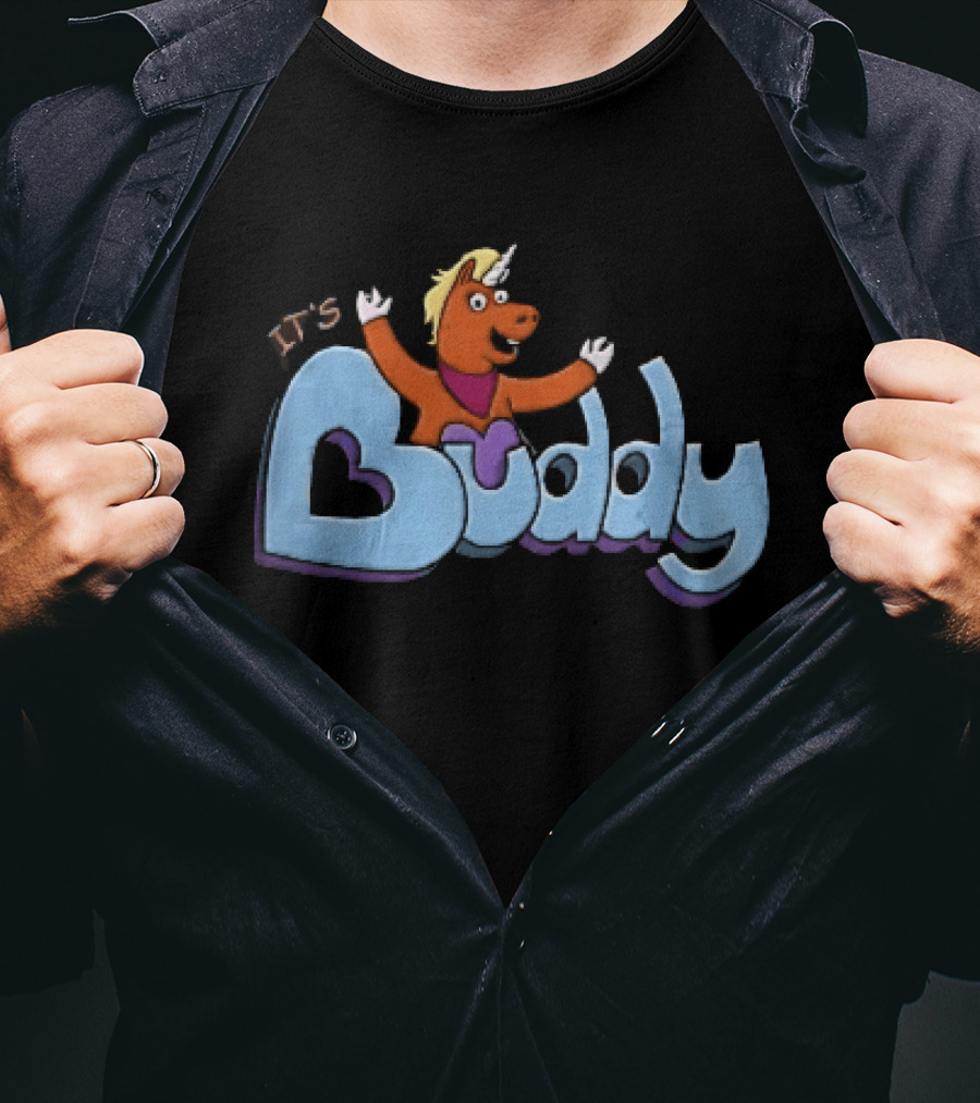 Its Buddy Cartoon Orange Unicorn Horse Purple Scarf Raised Arms T-Shirt