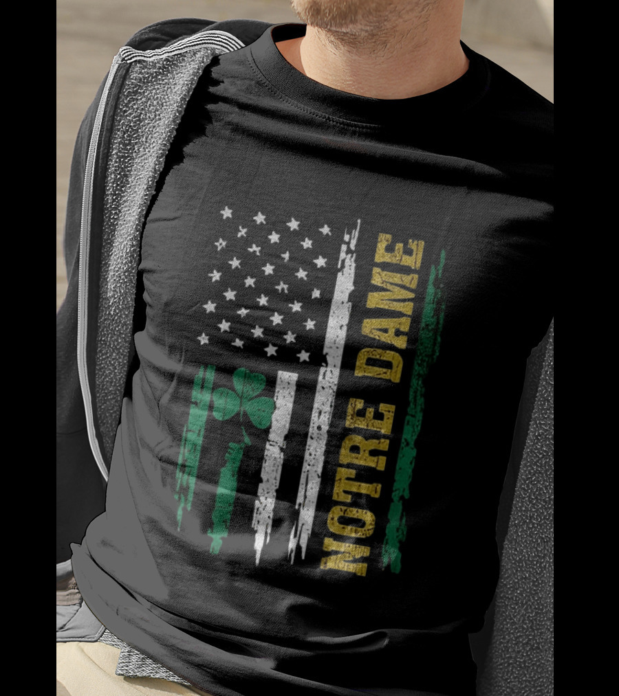 Notre Dame Irish American Flag Football Clover Stars T-Shirt