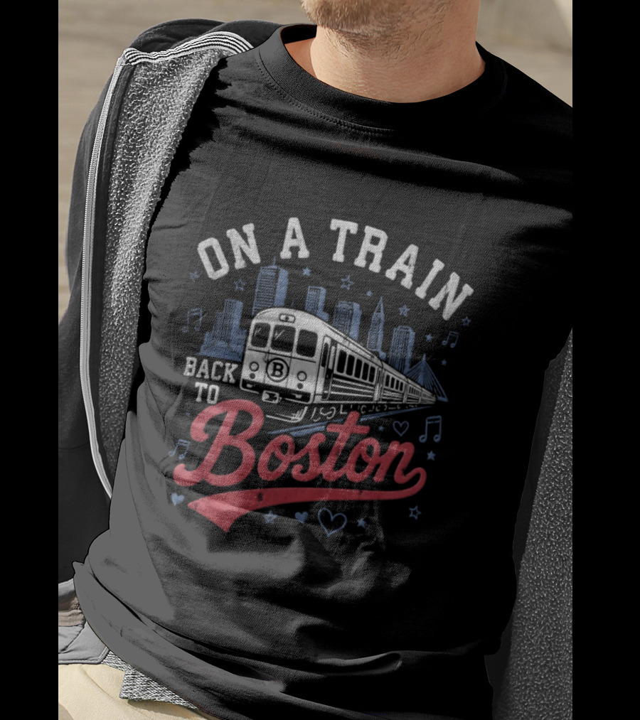 On A Train Back To Boston City Skyline With Musical Notes And Hearts T-Shirt