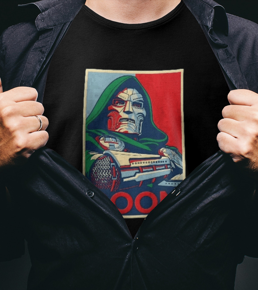 Doom Supervillain Mask Hooded Armored Gauntlets Red Blue T-Shirt