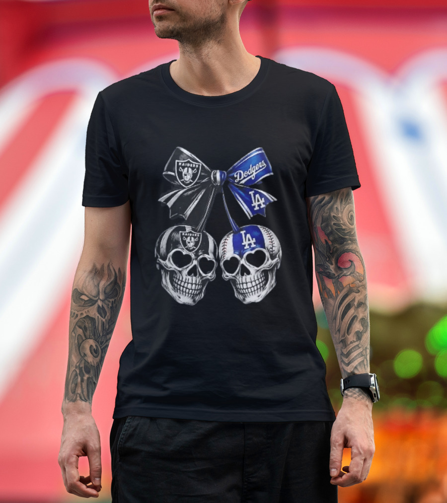 Las Vegas Raiders Los Angeles Dodgers MLB Skulls Cherry Heart Eye Sockets Bow Ribbon T-Shirt