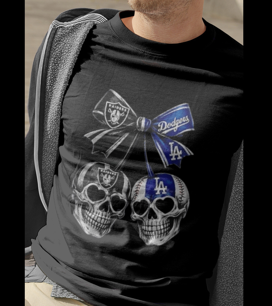 Las Vegas Raiders Los Angeles Dodgers MLB Skulls Cherry Heart Eye Sockets Bow Ribbon T-Shirt