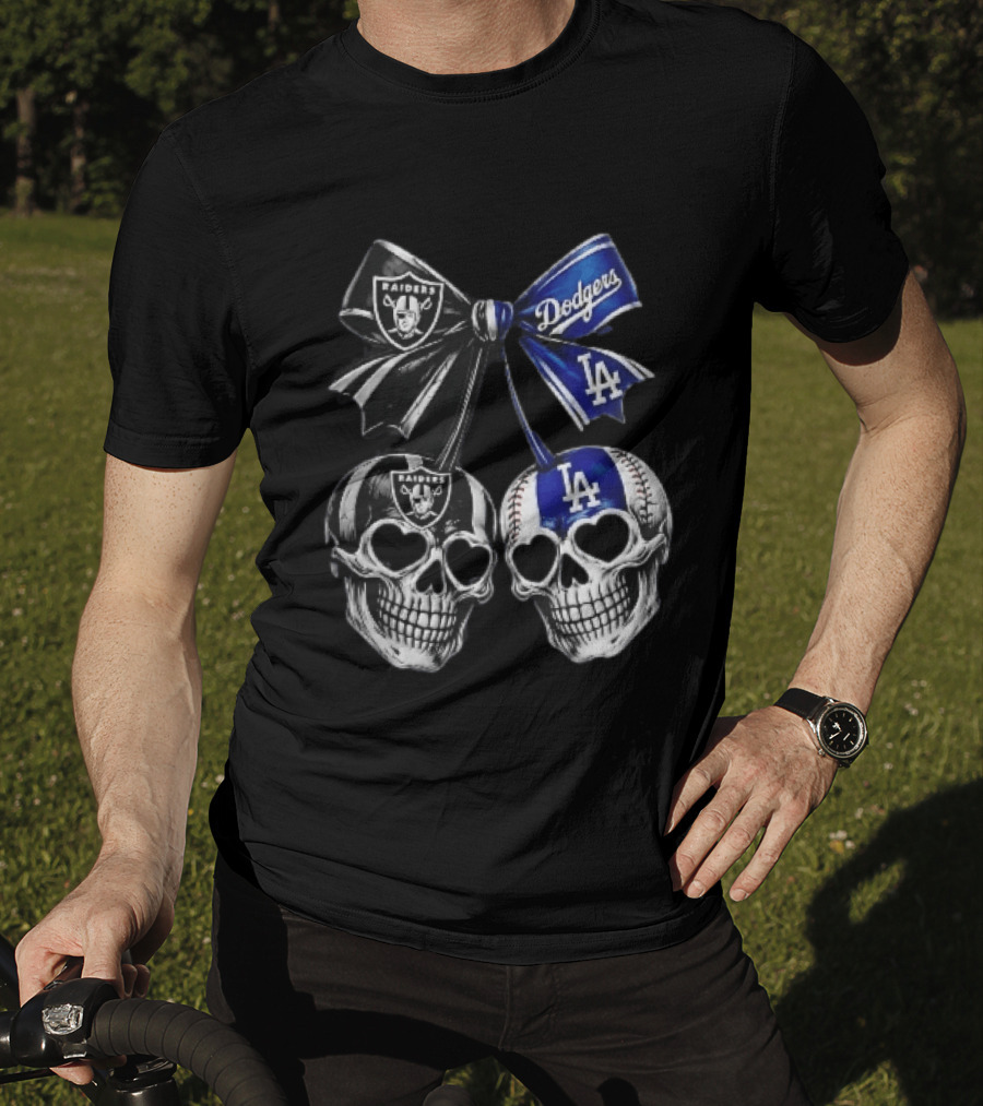 Las Vegas Raiders Los Angeles Dodgers MLB Skulls Cherry Heart Eye Sockets Bow Ribbon T-Shirt
