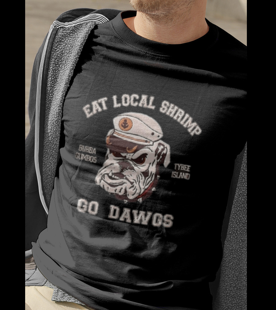 Eat Local Shrimp Bubba Gumbos Tybee Island Go Dawgs Captain Hat Spiked Collar T-Shirt