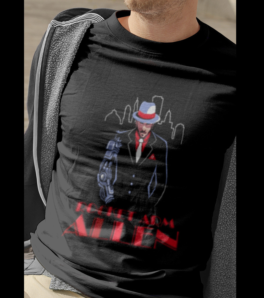 Rocket Arm Allen Man In Suit With Cybernetic Arm City Skyline T-Shirt
