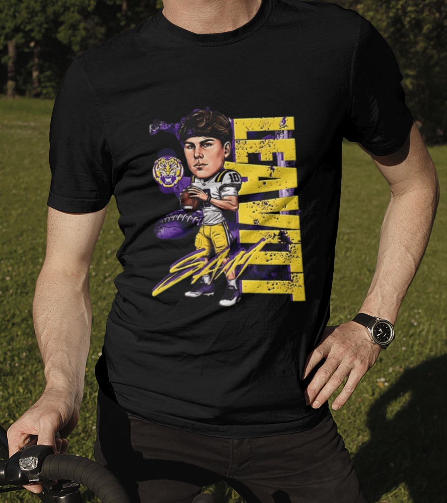Sam Levis LSU Tigers Football Player Caricature Leavitt 18 Signature T-Shirt