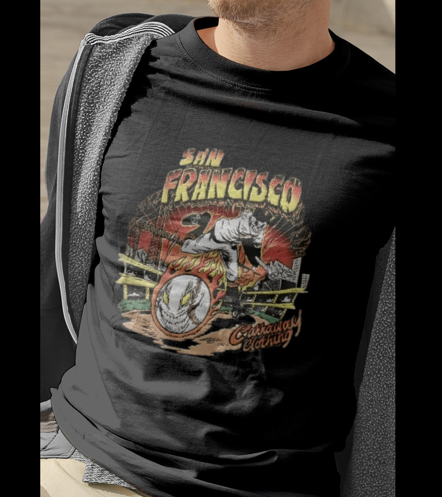 San Francisco Giants Skeleton Pitcher Flaming Baseball Golden Gate Bridge Carraway Clothing T-Shirt