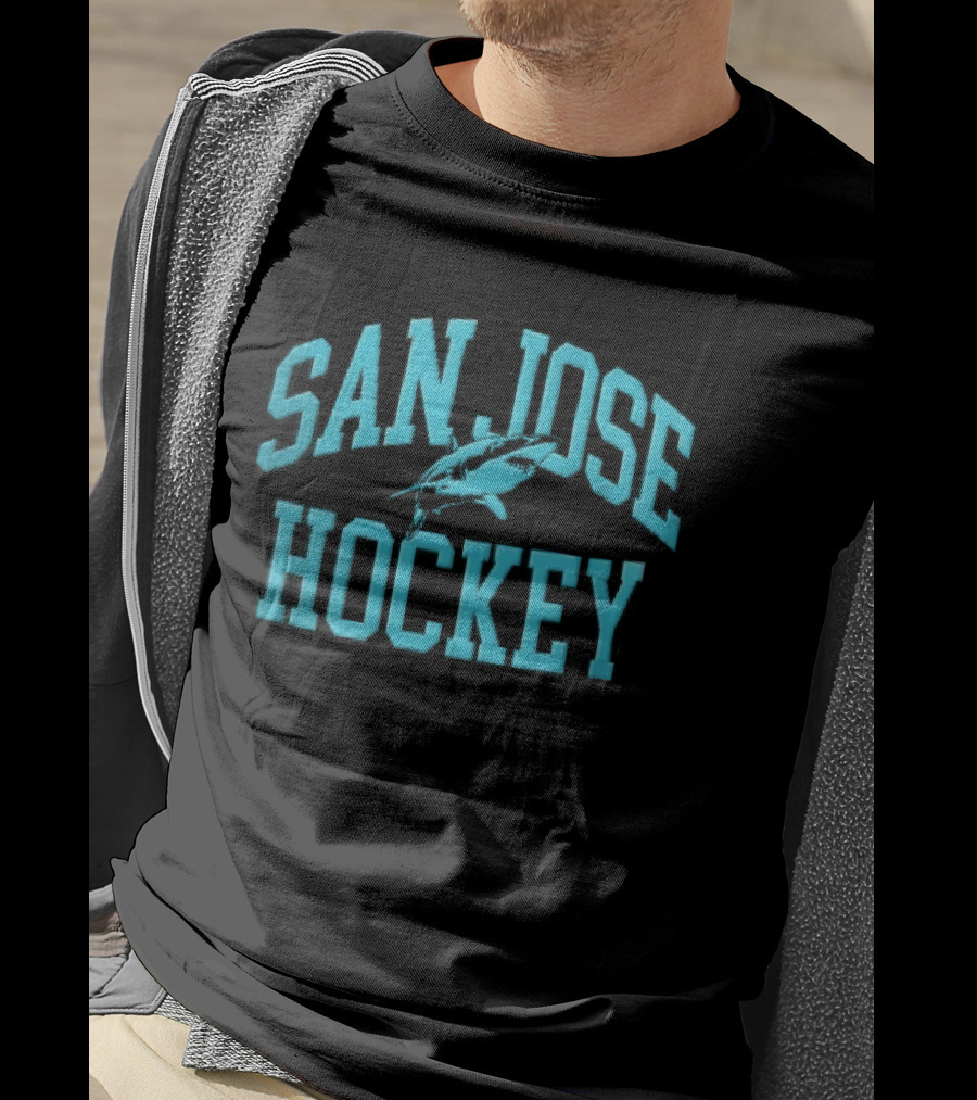 San Jose Hockey Great White Shark Arched Teal Halftone T-Shirt
