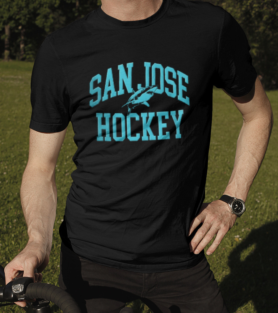San Jose Hockey Great White Shark Arched Teal Halftone T-Shirt