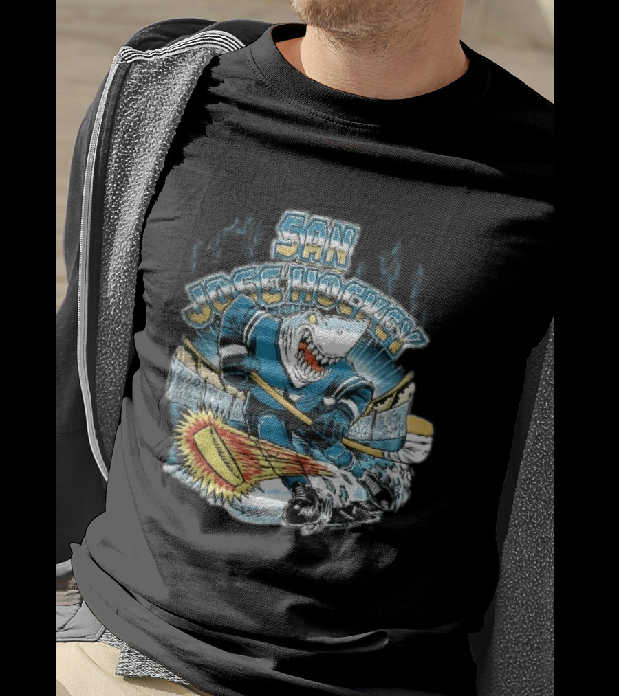 San Jose Hockey Cartoon Skating Shark Flaming Puck Ice Rink T-Shirt