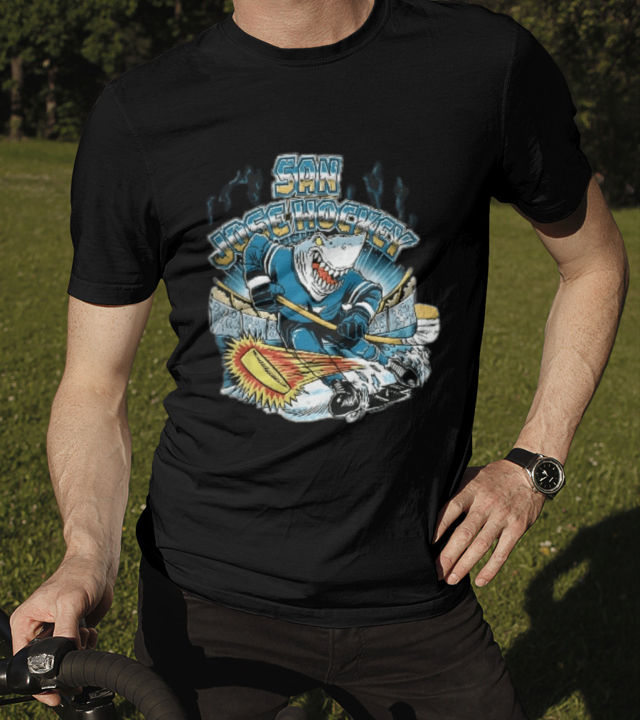 San Jose Hockey Cartoon Skating Shark Flaming Puck Ice Rink T-Shirt