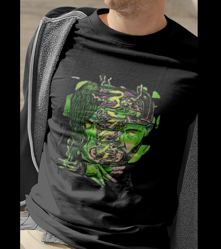 Split Green Head Glowing Yellow Eyes Neon Cartoon Halftone T-Shirt