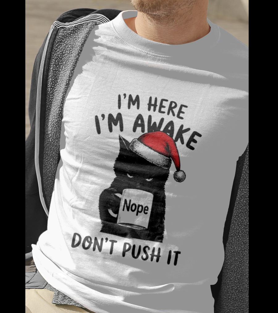 Black Cat Santa I'm Here I'm Awake Nope Don't Push It Holiday T-Shirt