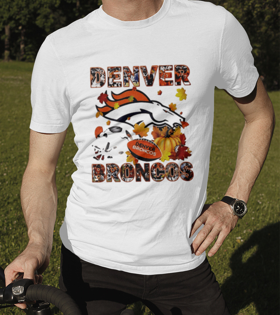 Denver Broncos Football Autumn Fall Leaves Pumpkin Halloween 2026 T-Shirt
