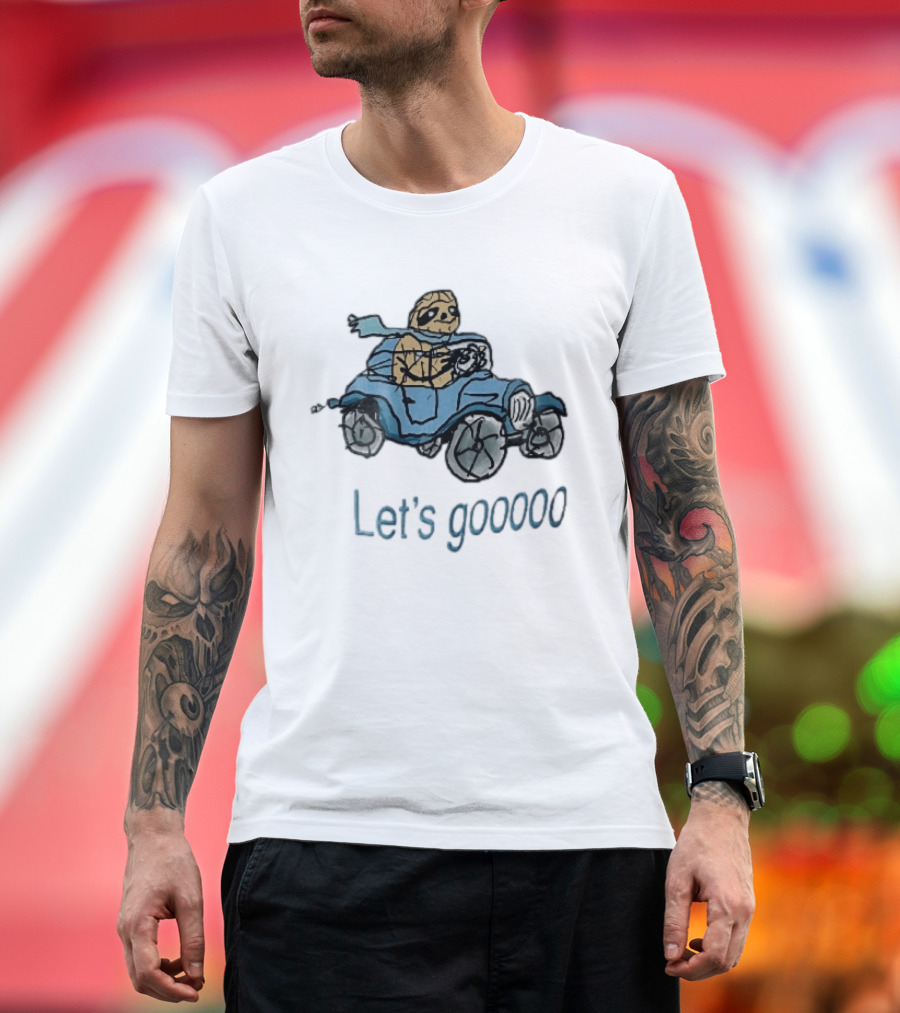 Let's Gooooo Cartoon Sloth Scarf Driving Blue Car Sketch T-Shirt