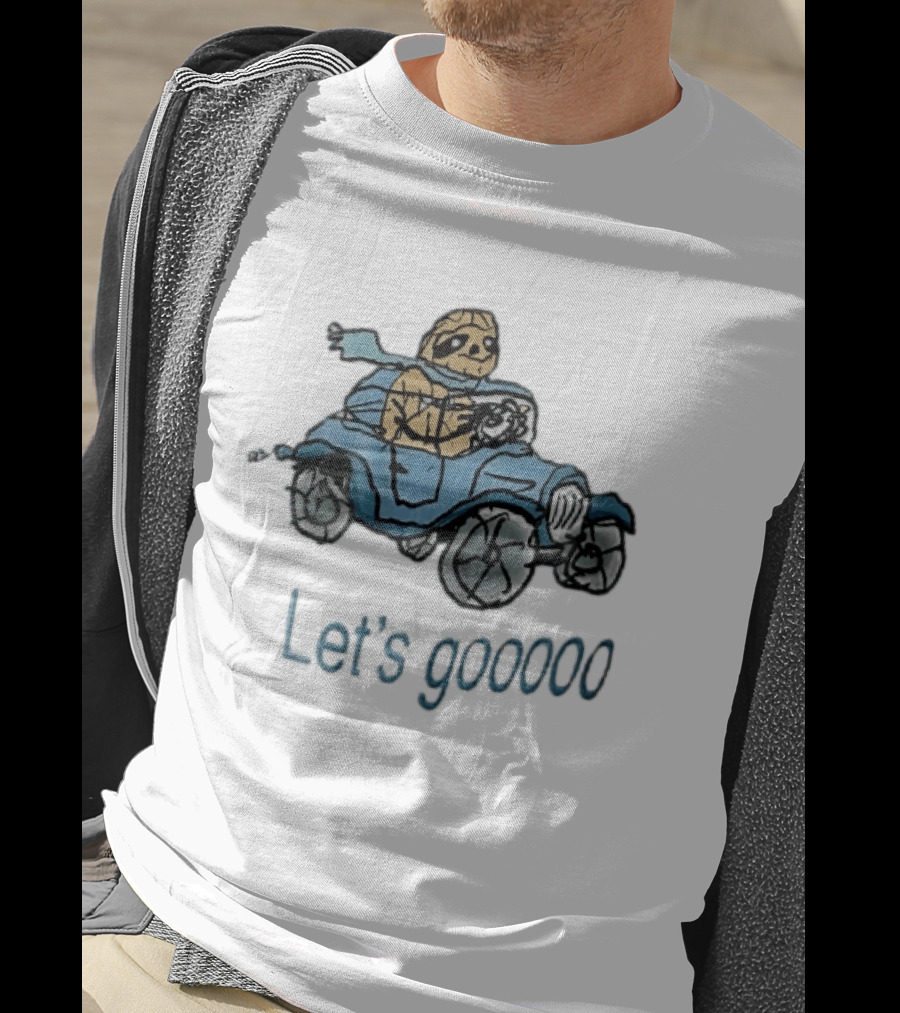 Let's Gooooo Cartoon Sloth Scarf Driving Blue Car Sketch T-Shirt