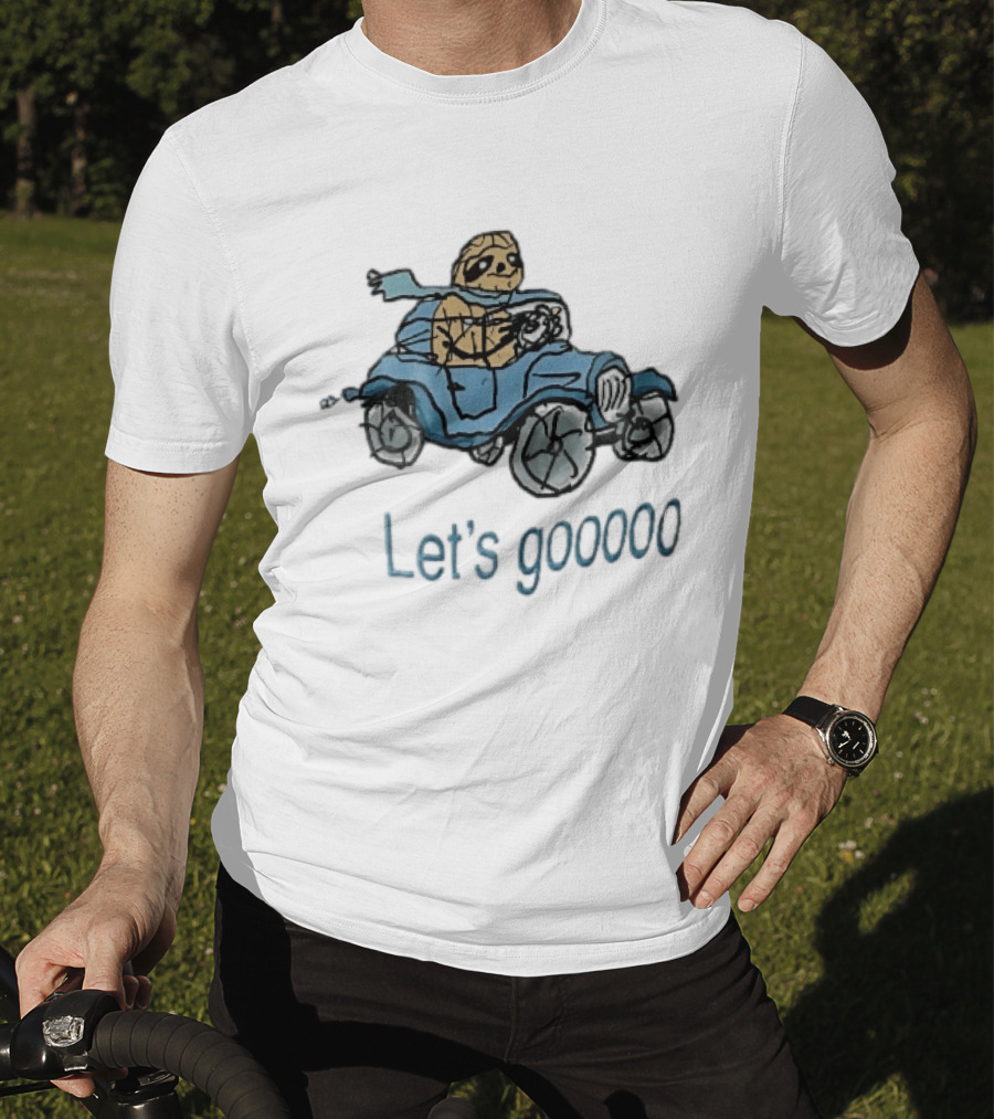 Let's Gooooo Cartoon Sloth Scarf Driving Blue Car Sketch T-Shirt
