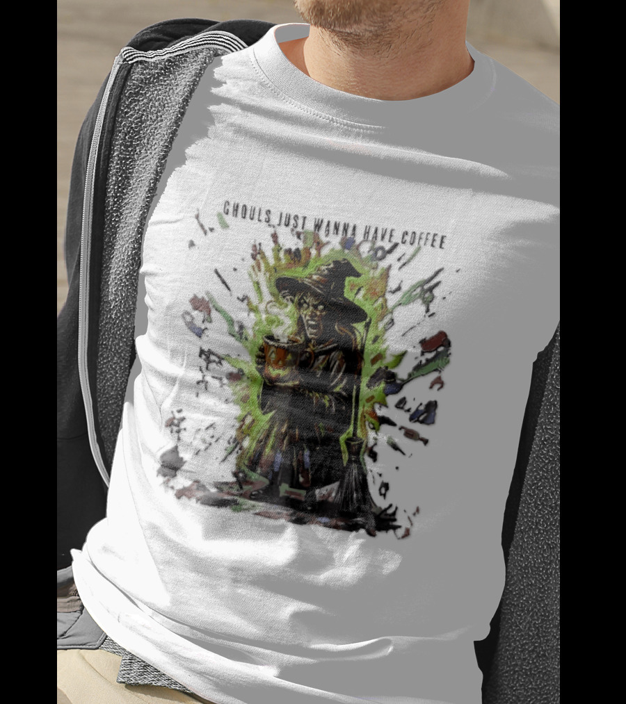 Ghouls Just Wanna Have Coffee Witch With Pumpkin And Broom Colorful Splatter T-Shirt