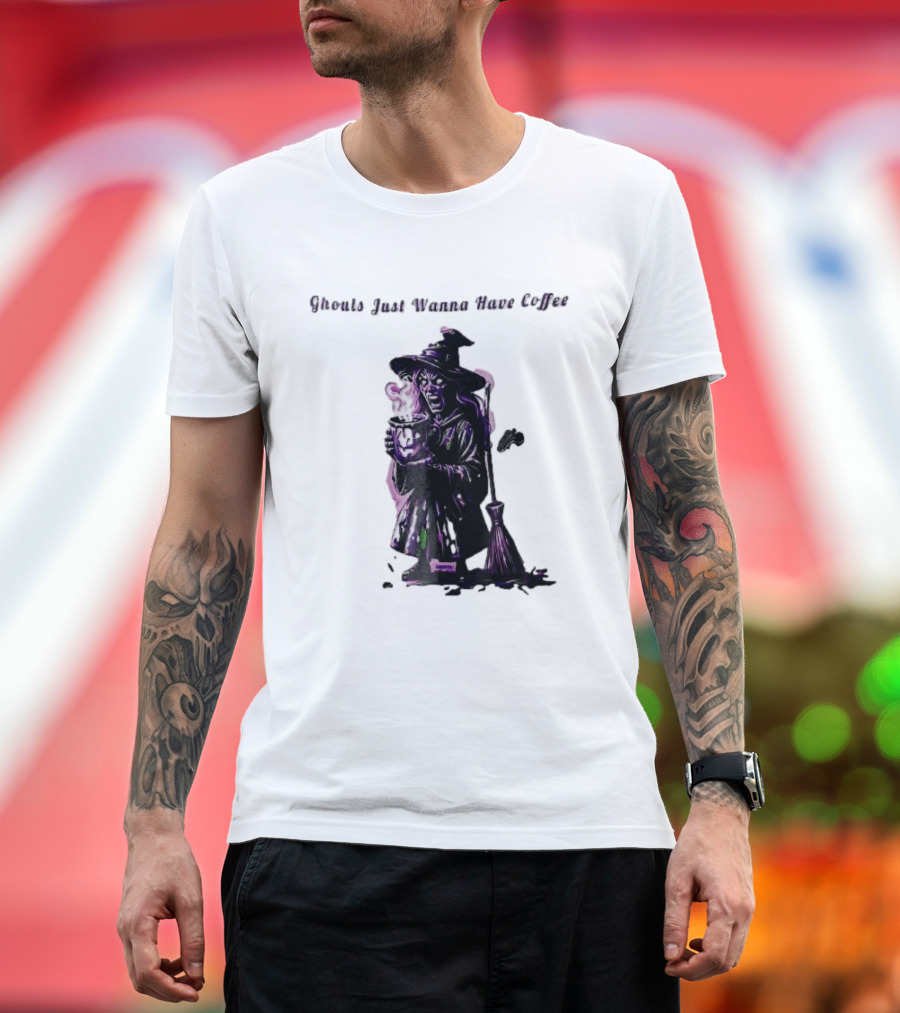 Ghouls Just Wanna Have Coffee Witch Holding Steaming Broomstick T-Shirt