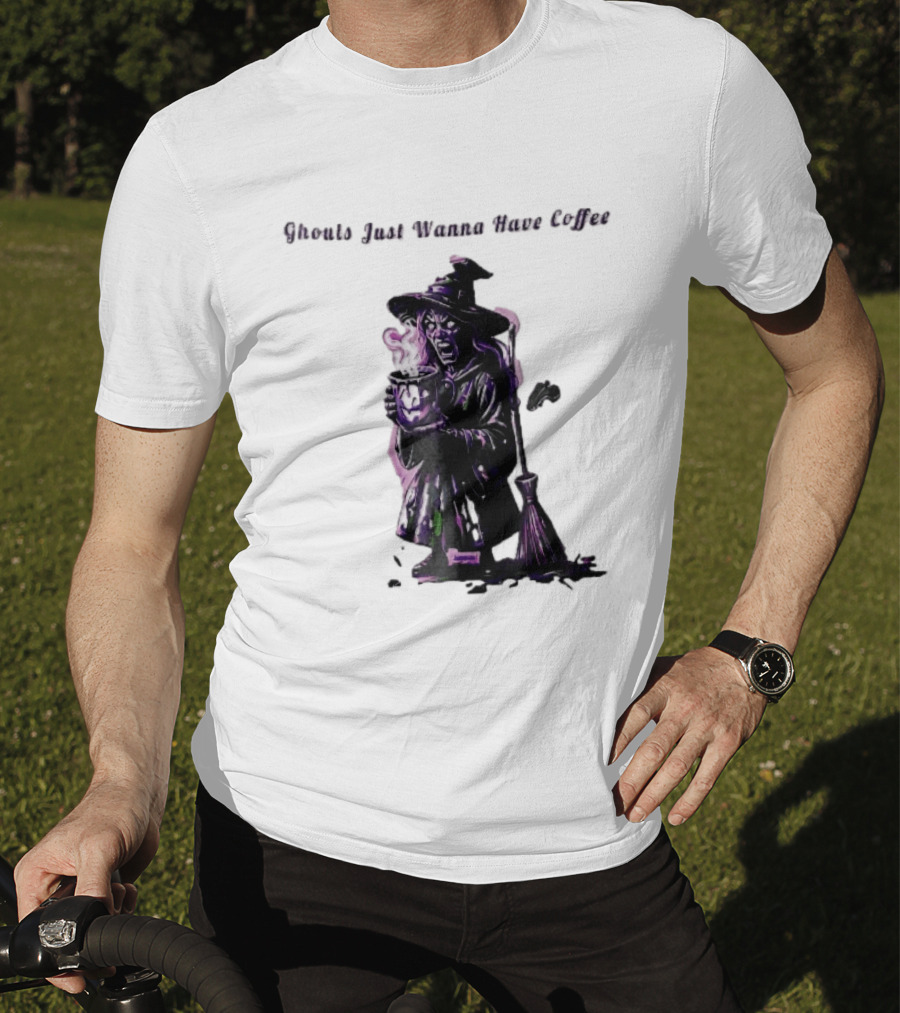 Ghouls Just Wanna Have Coffee Witch Holding Steaming Broomstick T-Shirt