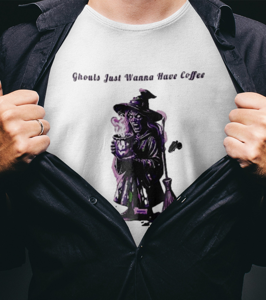 Ghouls Just Wanna Have Coffee Witch Holding Steaming Broomstick T-Shirt