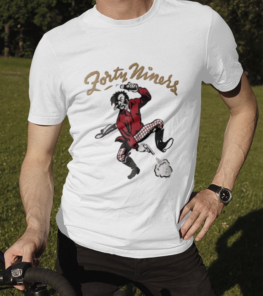 San Francisco 49ers Forty Niners Cartoon Gold Rush Miner Shooting Pistol Vintage Football T-Shirt