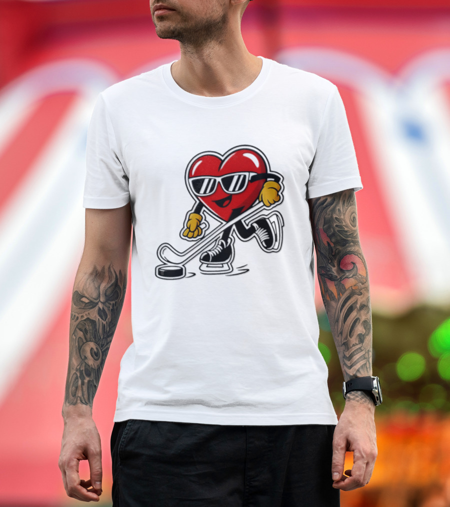 I Love Hockey Heart Character With Sunglasses And Stick T-Shirt
