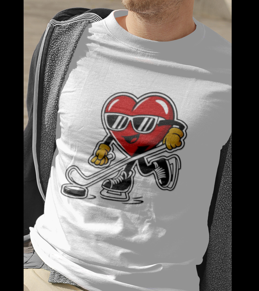 I Love Hockey Heart Character With Sunglasses And Stick T-Shirt