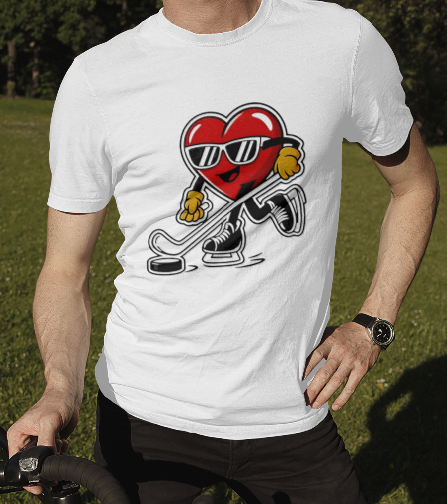 I Love Hockey Heart Character With Sunglasses And Stick T-Shirt