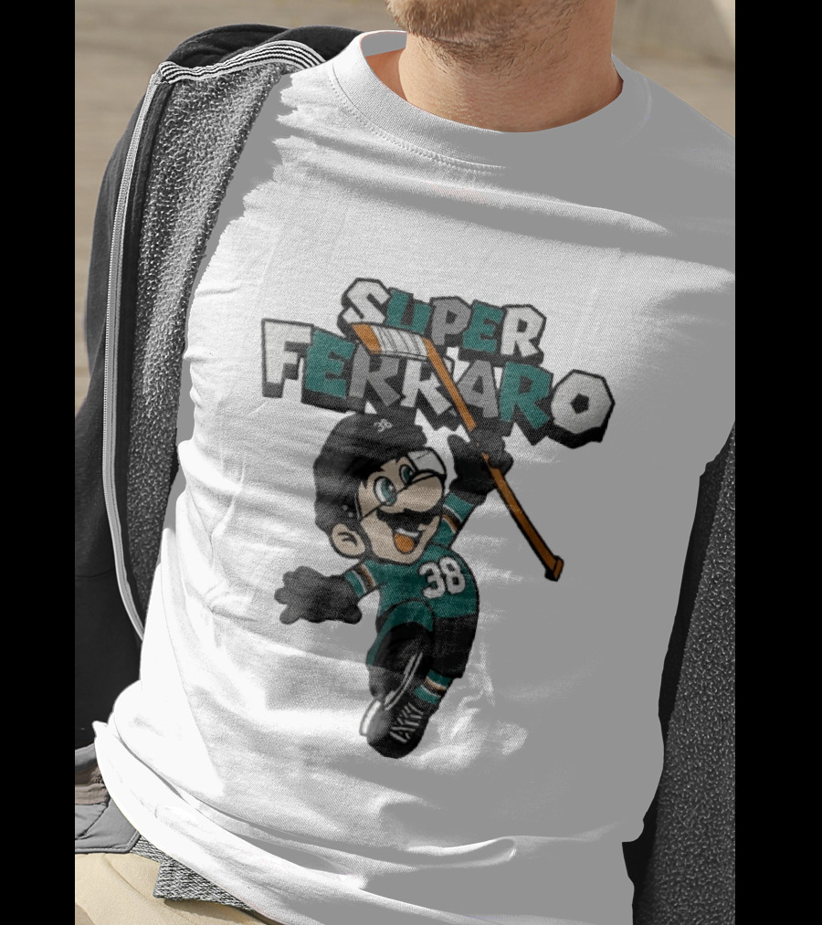 Super Ferraro Mario 38 Ice Hockey Player Jumping Stick Cartoon Caricature T-Shirt