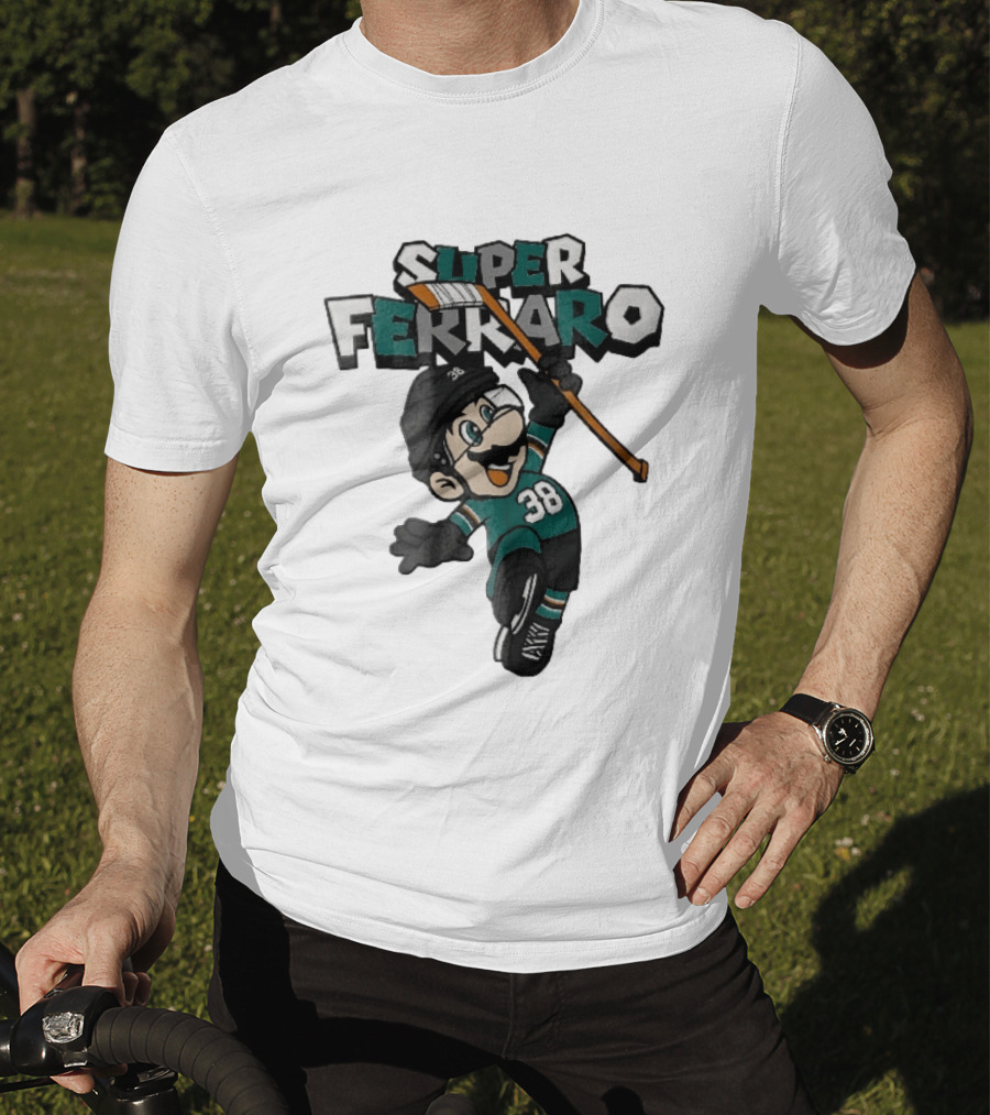 Super Ferraro Mario 38 Ice Hockey Player Jumping Stick Cartoon Caricature T-Shirt