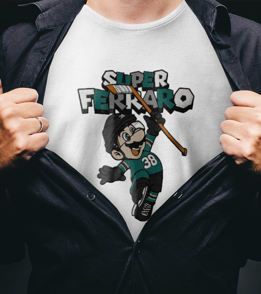 Super Ferraro Mario 38 Ice Hockey Player Jumping Stick Cartoon Caricature T-Shirt