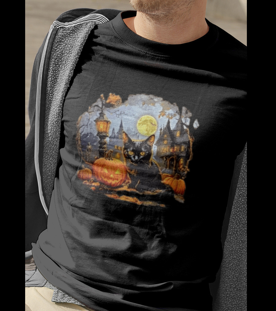 Black Cat Haunted House Pumpkin Full Moon Halloween Magic T-Shirt