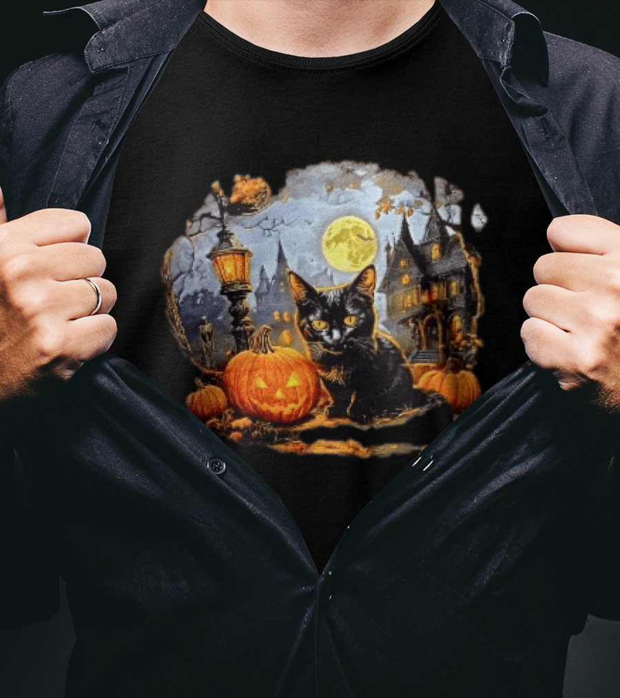 Black Cat Haunted House Pumpkin Full Moon Halloween Magic T-Shirt