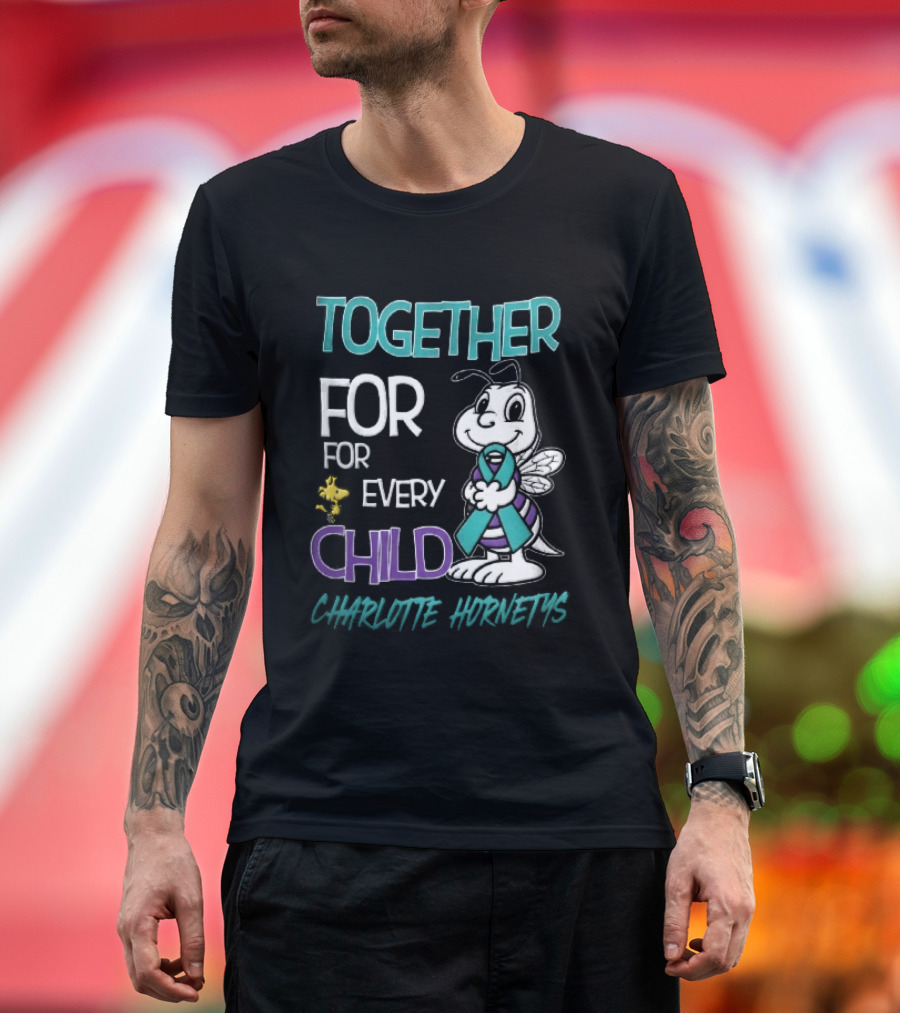 TOGETHER FOR EVERY CHILD Charlotte Hornets Cartoon Hornet Holding Ribbon Woodstock T-Shirt