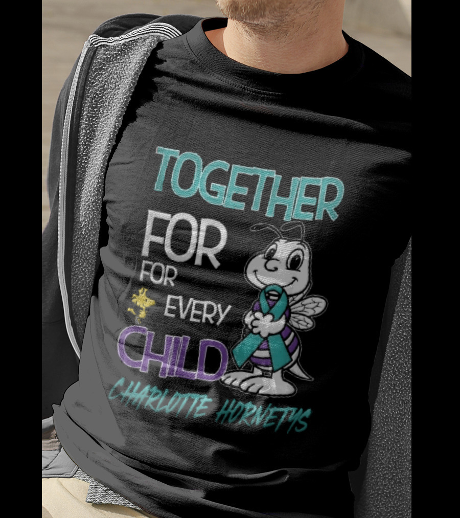 TOGETHER FOR EVERY CHILD Charlotte Hornets Cartoon Hornet Holding Ribbon Woodstock T-Shirt