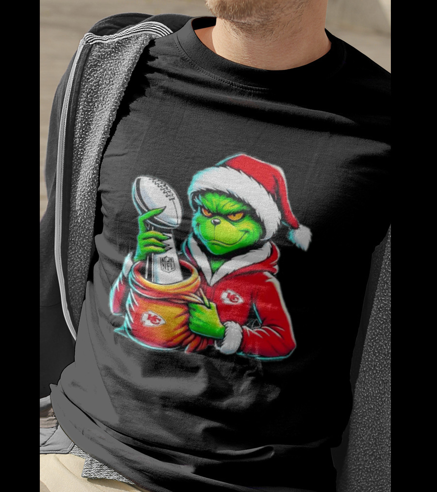 Kansas City Chiefs Grinch Christmas Holiday NFL Trophy Santa Hat T-Shirt