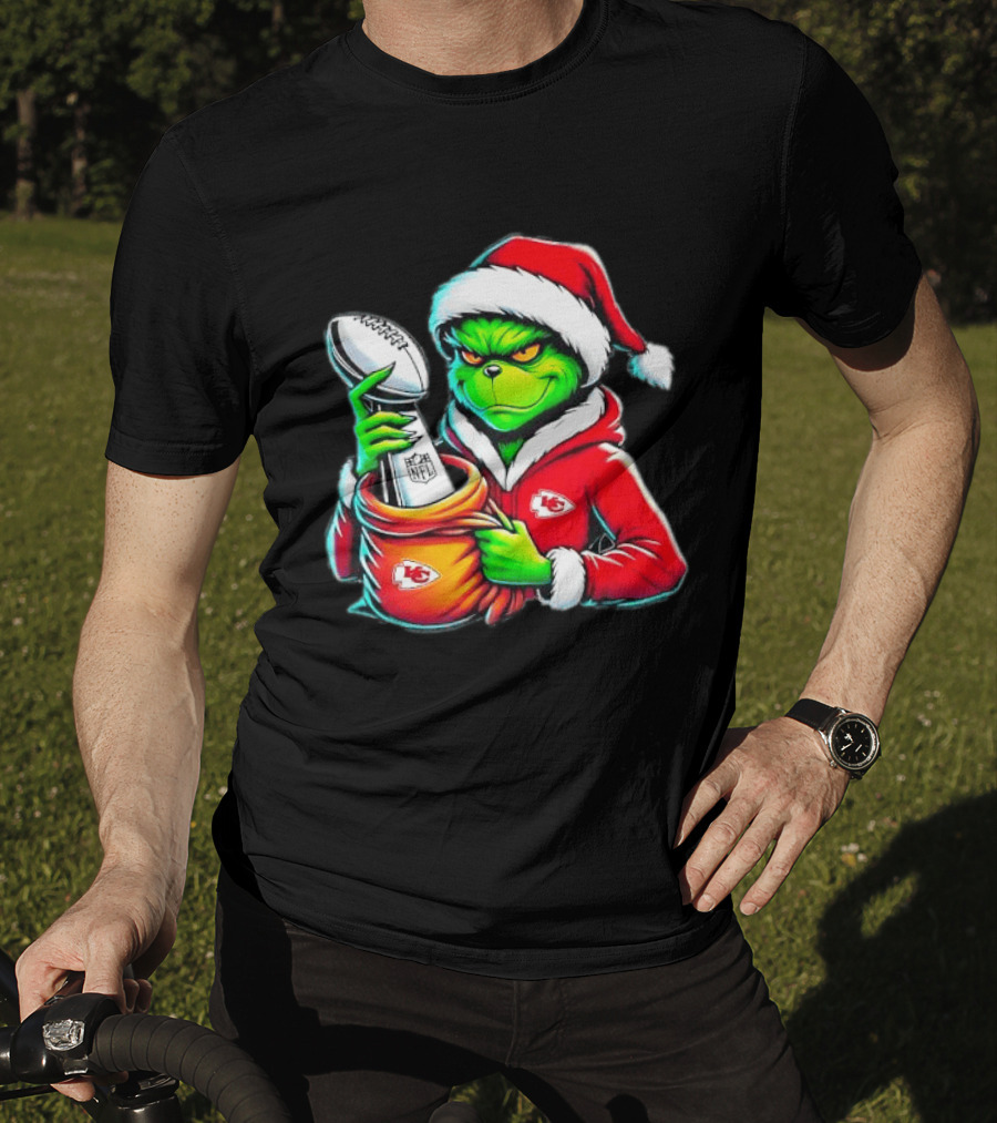 Kansas City Chiefs Grinch Christmas Holiday NFL Trophy Santa Hat T-Shirt