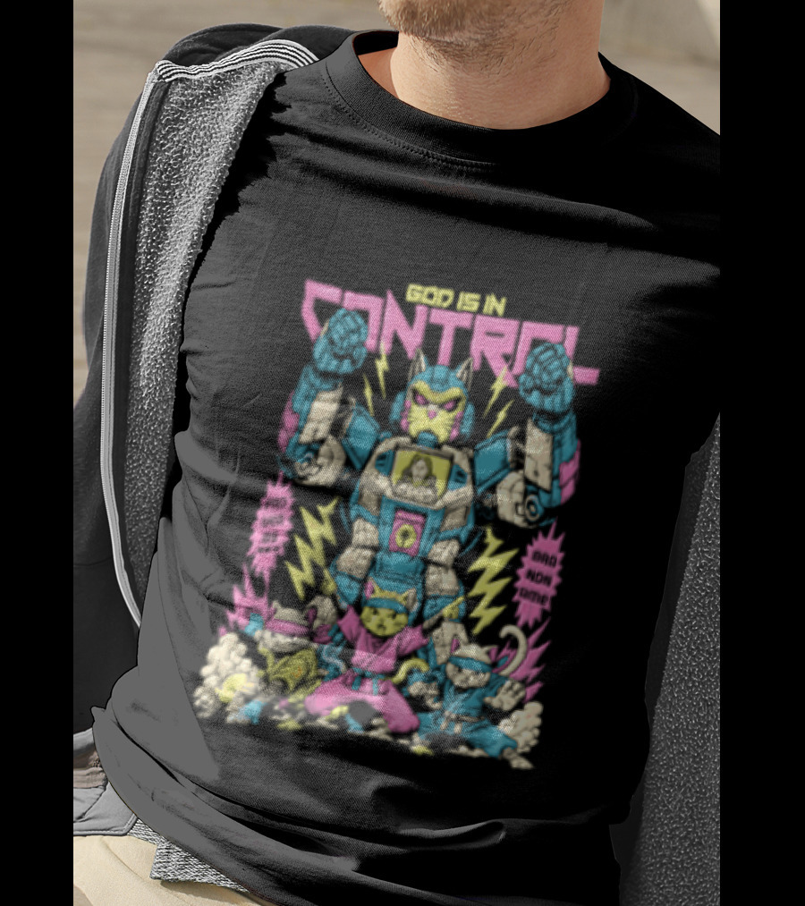 Mecha Cat Jesus Ninja Kittens God Is In Control Proverbs 3 6 T-Shirt