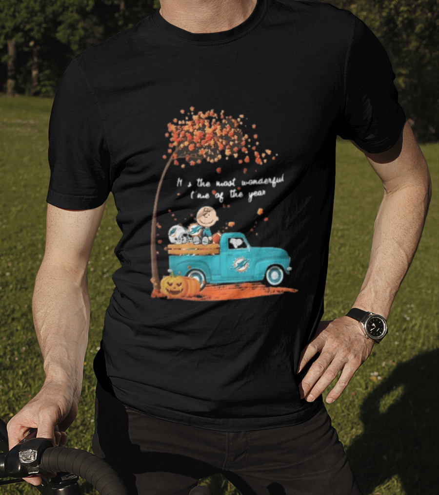 Miami Dolphins Charlie Brown Snoopy Pickup Truck Pumpkins Most Wonderful Time Of Year T-Shirt