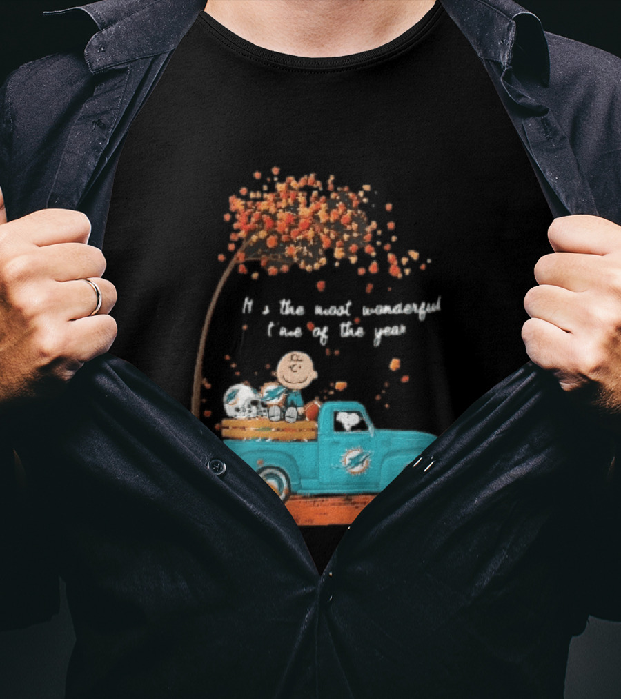 Miami Dolphins Charlie Brown Snoopy Pickup Truck Pumpkins Most Wonderful Time Of Year T-Shirt