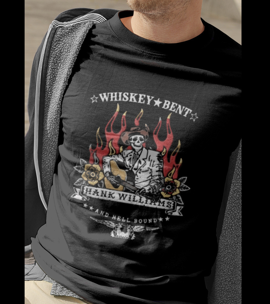 Hank Williams Jr Whiskey Bent And Hell Bound Western Guitar Flames T-Shirt