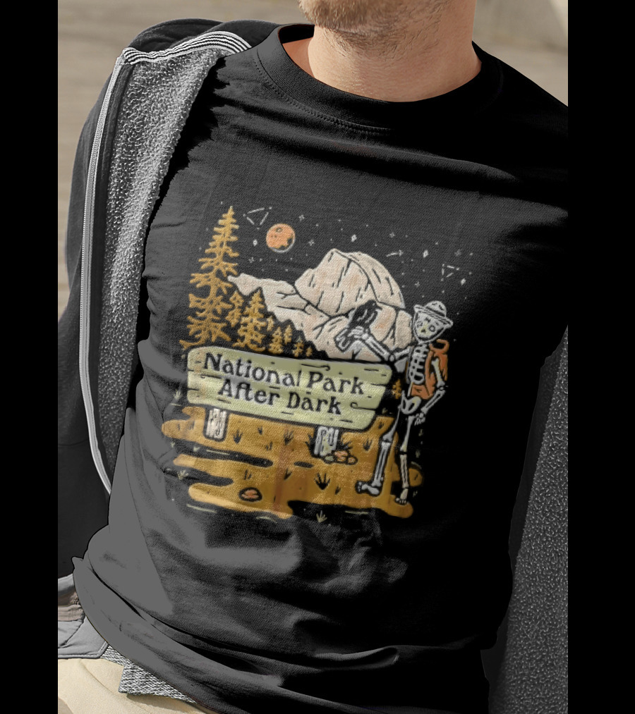 National Park After Dark Skeleton Ranger With Raven And Mountain Cartoons T-Shirt