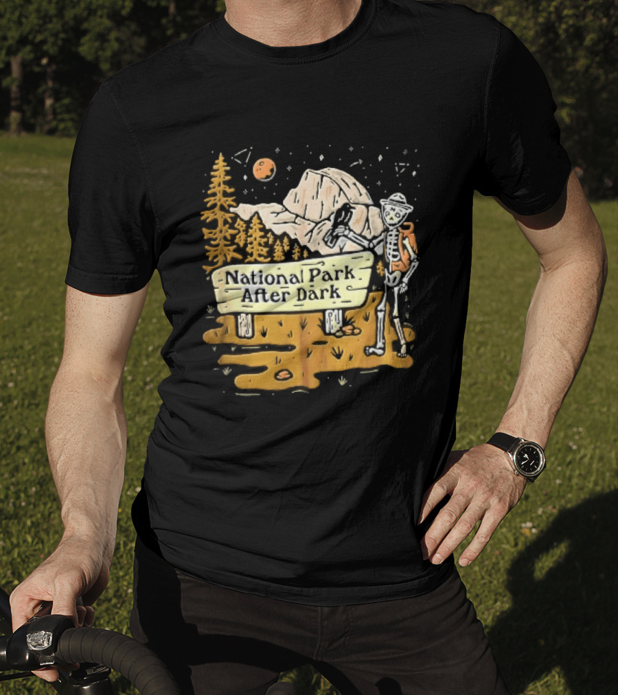 National Park After Dark Skeleton Ranger With Raven And Mountain Cartoons T-Shirt